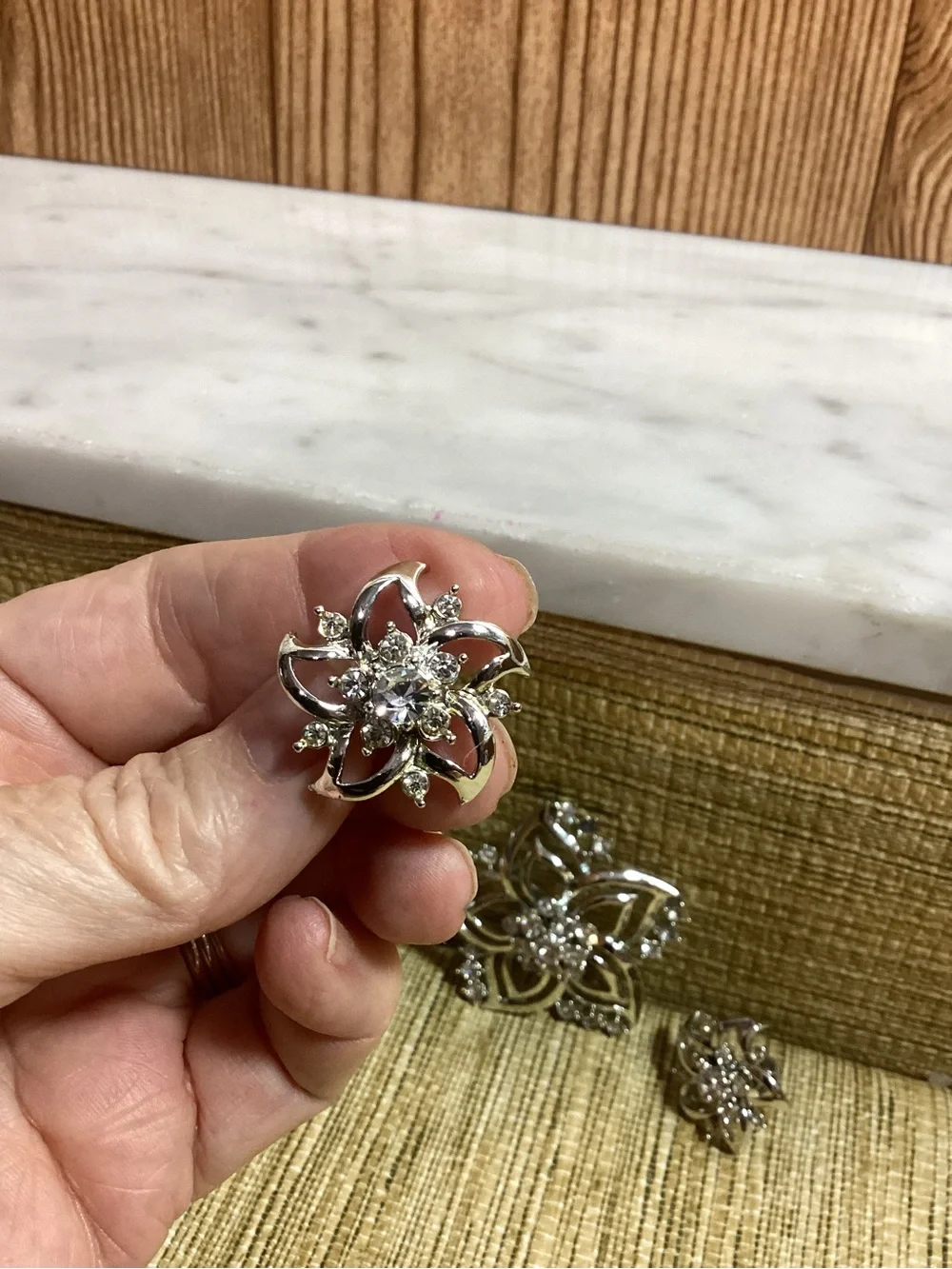 Vintage Silver-Tone Crystal Floral Brooch and matching clip Earring Set